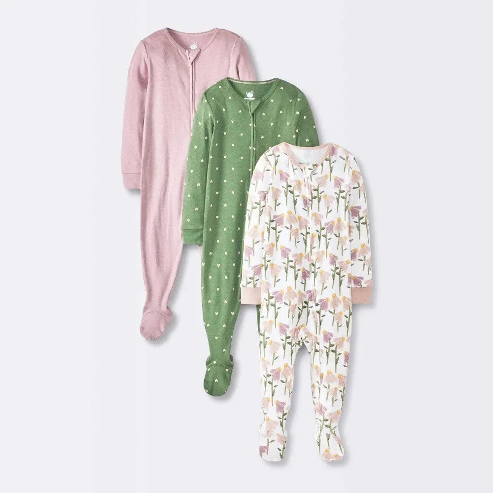 Baby 3pk Floral Cotton Sleep N' Play - Cloud Island™ Pink 6-9M: Footed Pajamas,